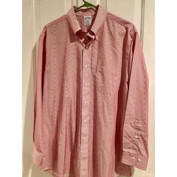 Brooks Brothers Men’s Button Down Regent Dress Shirt Red White Stripes Size 16.5 - Picture 1 of 12